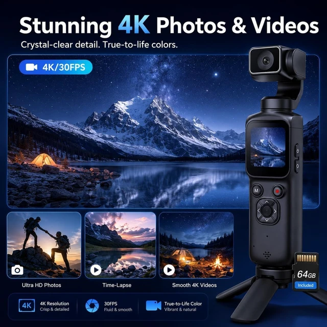 Alt view image 2 of 7 - 4K Pocket Vlogging Camera, 75MP Digital Camera with single-axis Horizontal 330°, 1.72" Touch Screen, Fast Auto Focusing, Face Auto-Detect, 4X Zoom for Daily Recording, Youtube Titktok INS Content