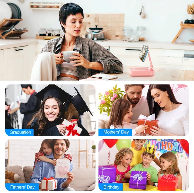 Alt view image 7 of 7 - Gifts for Men Women Foldable Cellphone Stand with Bluetooth Speaker and Charging Function 360° Rotatable Phone Stand Birthday Gift Idea for Mom Dad Cool Tech Gifts-Pink