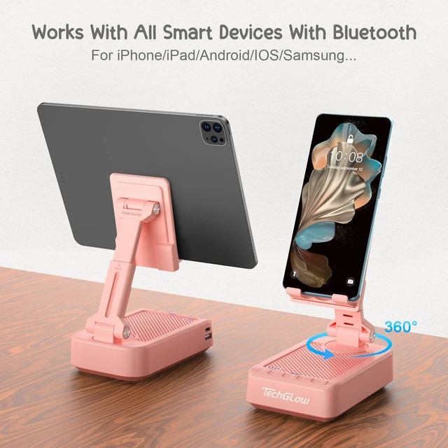 Alt view image 5 of 7 - Gifts for Men Women Foldable Cellphone Stand with Bluetooth Speaker and Charging Function 360° Rotatable Phone Stand Birthday Gift Idea for Mom Dad Cool Tech Gifts-Pink