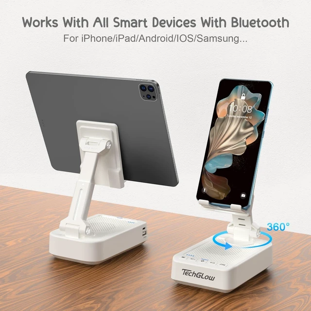 Alt view image 5 of 7 - Gifts for Men Women Foldable Cellphone Stand with Bluetooth Speaker Charging Function 360° Rotatable Phone Stand Birthday Gift Idea for Mom Dad Cool Tech Gifts-White