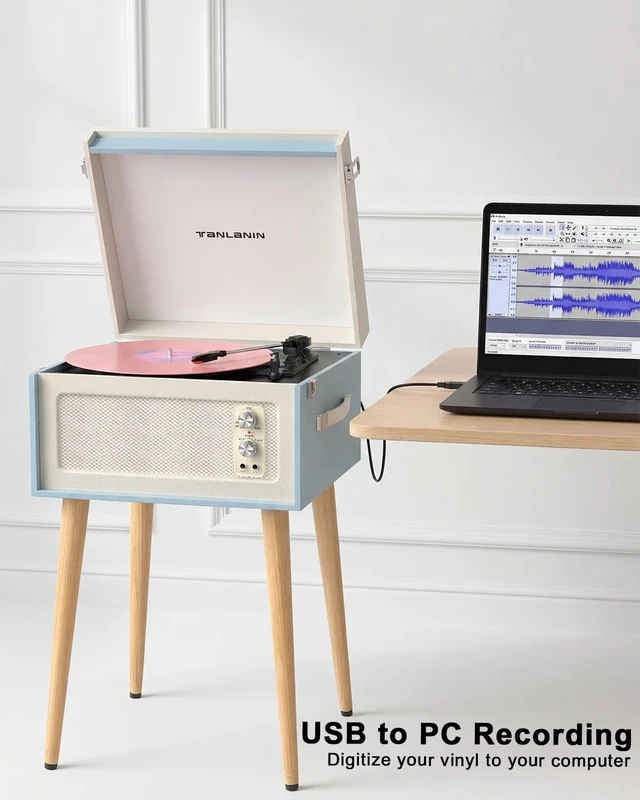 Alt view image 3 of 7 - Record Player with Stand, 4 Speakers, Bluetooth Turntable, Blue Vintage standing record player with detachable legs, PC recording, 33/45/78 RPM belt drive, auto stop, RCA/AUX/headphone jack