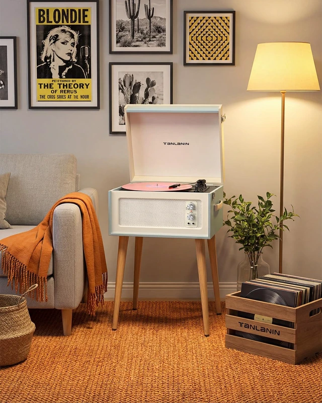 Alt view image 6 of 7 - Record Player with Stand, 4 Speakers, Bluetooth Turntable, Blue Vintage standing record player with detachable legs, PC recording, 33/45/78 RPM belt drive, auto stop, RCA/AUX/headphone jack