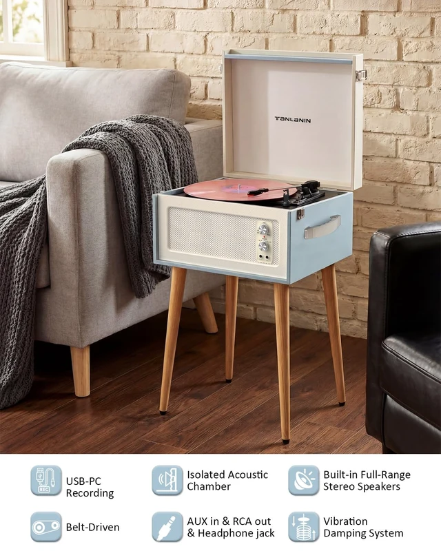 Alt view image 5 of 7 - Record Player with Stand, 4 Speakers, Bluetooth Turntable, Blue Vintage standing record player with detachable legs, PC recording, 33/45/78 RPM belt drive, auto stop, RCA/AUX/headphone jack