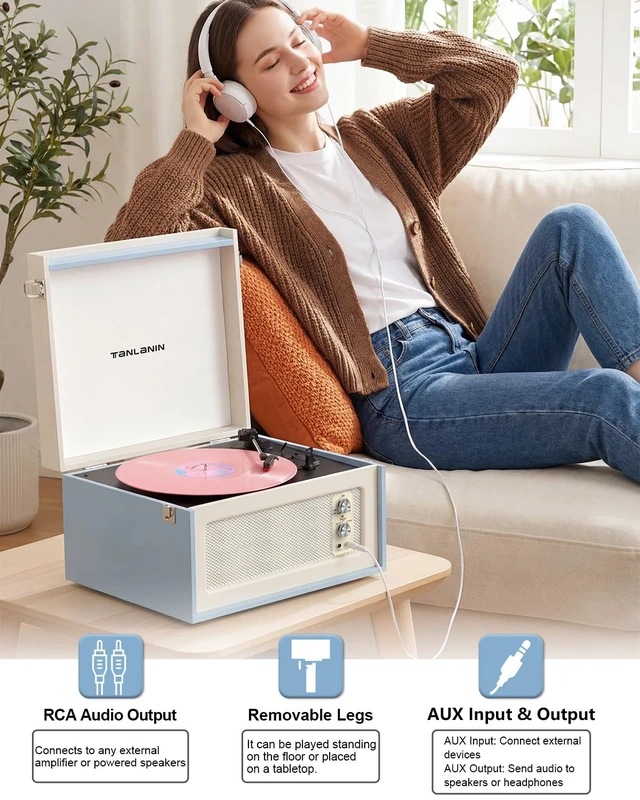 Alt view image 4 of 7 - Record Player with Stand, 4 Speakers, Bluetooth Turntable, Blue Vintage standing record player with detachable legs, PC recording, 33/45/78 RPM belt drive, auto stop, RCA/AUX/headphone jack