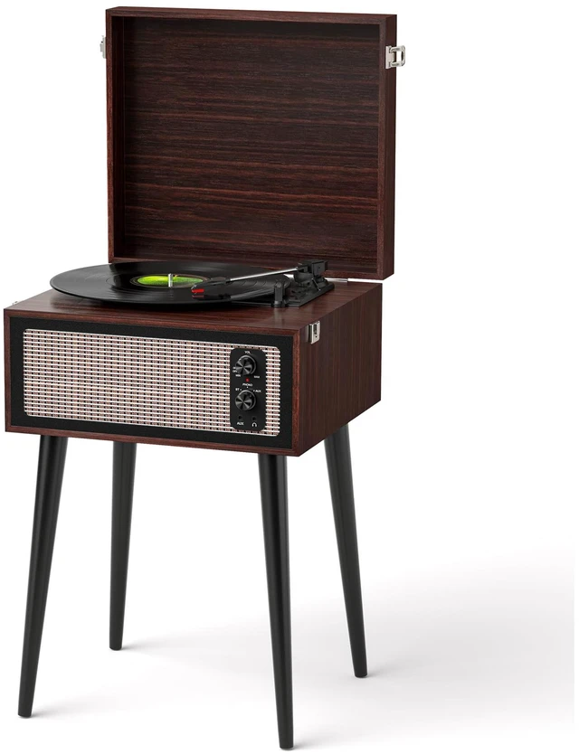 Main image of Vintage Bluetooth Record Player with Stand, USB to PC Recording, Espresso Standing record player with detachable legs, 3-speed turntable built-in speakers, belt drive,home décor for bedrooms and gift
