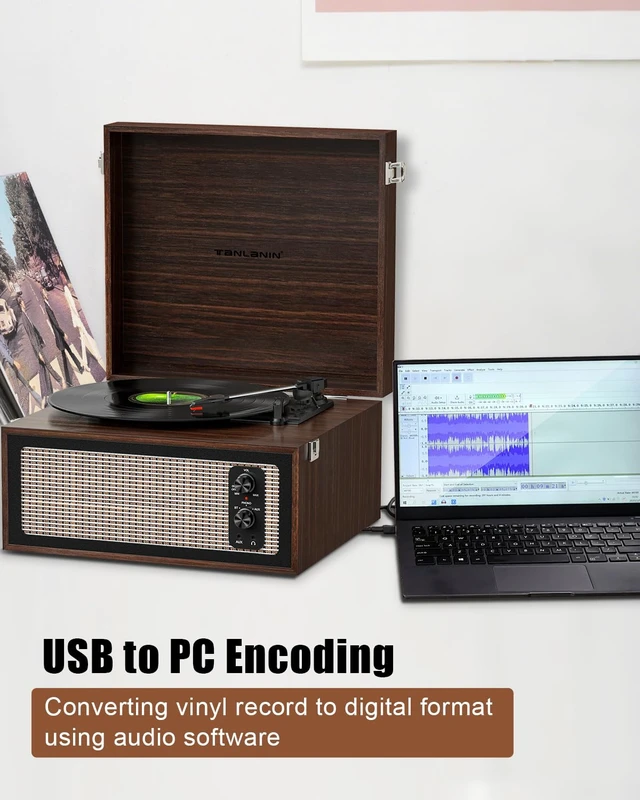 Alt view image 3 of 7 - Vintage Bluetooth Record Player with Stand, USB to PC Recording, Espresso Standing record player with detachable legs, 3-speed turntable built-in speakers, belt drive,home décor for bedrooms and gift