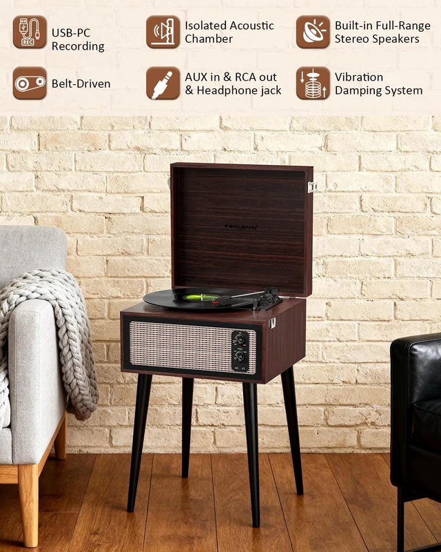 Alt view image 5 of 7 - Vintage Bluetooth Record Player with Stand, USB to PC Recording, Espresso Standing record player with detachable legs, 3-speed turntable built-in speakers, belt drive,home décor for bedrooms and gift