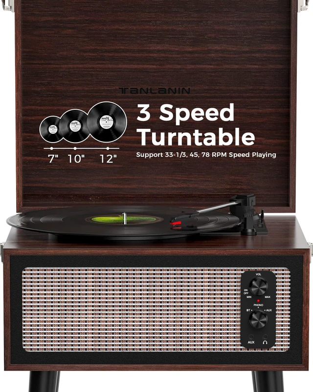 Alt view image 4 of 7 - Vintage Bluetooth Record Player with Stand, USB to PC Recording, Espresso Standing record player with detachable legs, 3-speed turntable built-in speakers, belt drive,home décor for bedrooms and gift