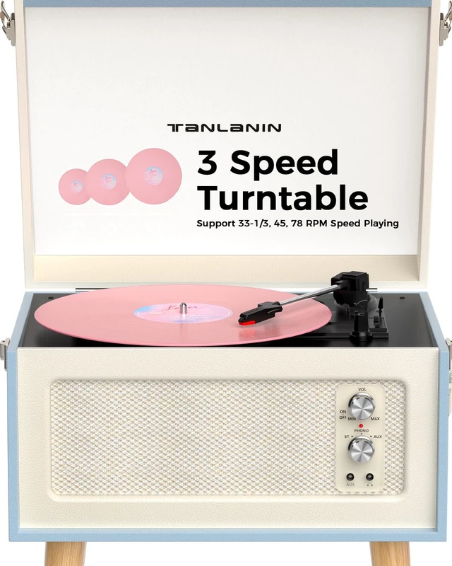 Alt view image 7 of 7 - Record Player with Stand, 4 Speakers, Bluetooth Turntable, Blue Vintage standing record player with detachable legs, PC recording, 33/45/78 RPM belt drive, auto stop, RCA/AUX/headphone jack