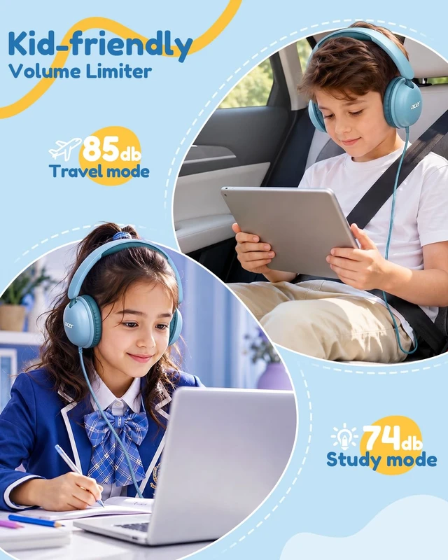 Alt view image 2 of 7 - OHW355 Kids Headphones with Cord for School,Over Ear Wired Headphones 74/85dB Volume Limit, Foldable 3.5mm Jack, Stereo Sound for Tablet/Computer/Travel/Chromebook-Green