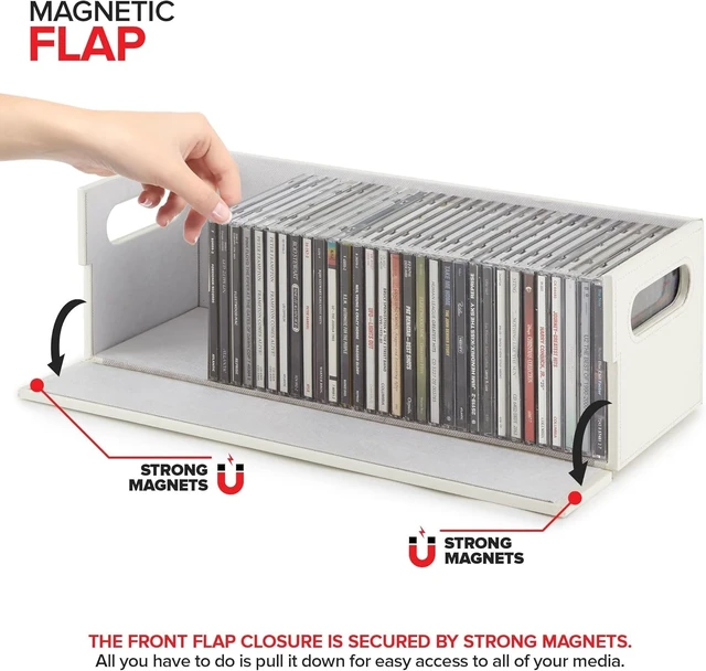 Alt view image 4 of 7 - 2- Pack CD Storage Box, Organizer Shelf for Movie Cases, DVDs, Cassette Tape Display Stand, Disc Holder Can Store Up to 40 CDs, Faux Leather (White with White Interior)