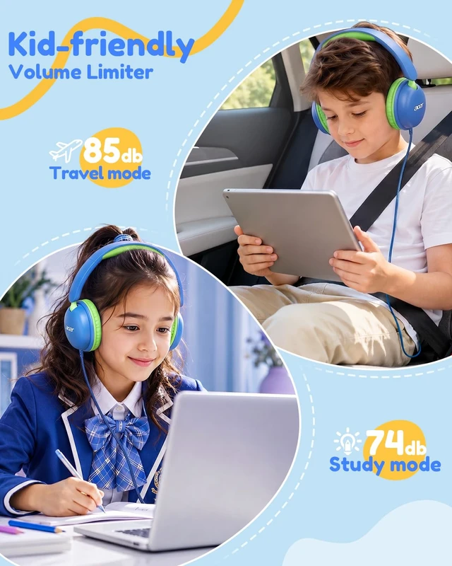 Alt view image 2 of 7 - OHW355 Kids Headphones with Cord for School,Over Ear Wired Headphones 74/85dB Volume Limit, Foldable 3.5mm Jack, Stereo Sound for Tablet/Computer/Travel/Chromebook-Blue Green