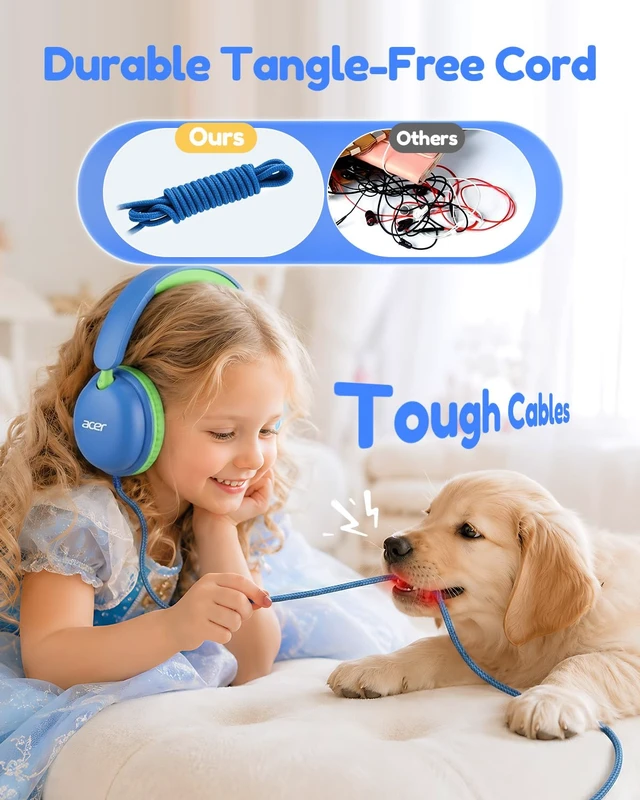 Alt view image 3 of 7 - OHW355 Kids Headphones with Cord for School,Over Ear Wired Headphones 74/85dB Volume Limit, Foldable 3.5mm Jack, Stereo Sound for Tablet/Computer/Travel/Chromebook-Blue Green