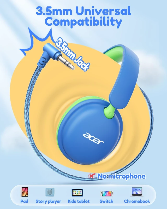 Alt view image 6 of 7 - OHW355 Kids Headphones with Cord for School,Over Ear Wired Headphones 74/85dB Volume Limit, Foldable 3.5mm Jack, Stereo Sound for Tablet/Computer/Travel/Chromebook-Blue Green