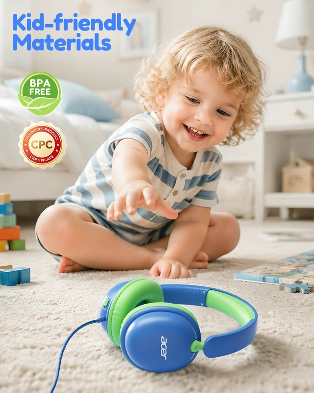 Alt view image 5 of 7 - OHW355 Kids Headphones with Cord for School,Over Ear Wired Headphones 74/85dB Volume Limit, Foldable 3.5mm Jack, Stereo Sound for Tablet/Computer/Travel/Chromebook-Blue Green