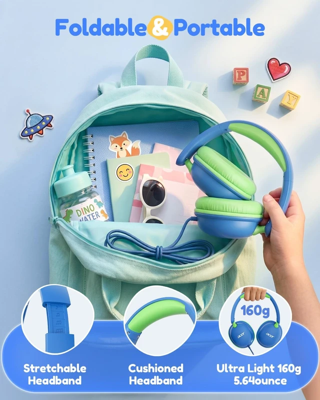 Alt view image 7 of 7 - OHW355 Kids Headphones with Cord for School,Over Ear Wired Headphones 74/85dB Volume Limit, Foldable 3.5mm Jack, Stereo Sound for Tablet/Computer/Travel/Chromebook-Blue Green