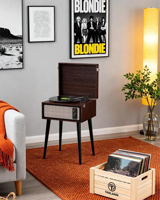 Alt view image 7 of 7 - Vintage Bluetooth Record Player with Stand, USB to PC Recording, Espresso Standing record player with detachable legs, 3-speed turntable built-in speakers, belt drive,home décor for bedrooms and gift