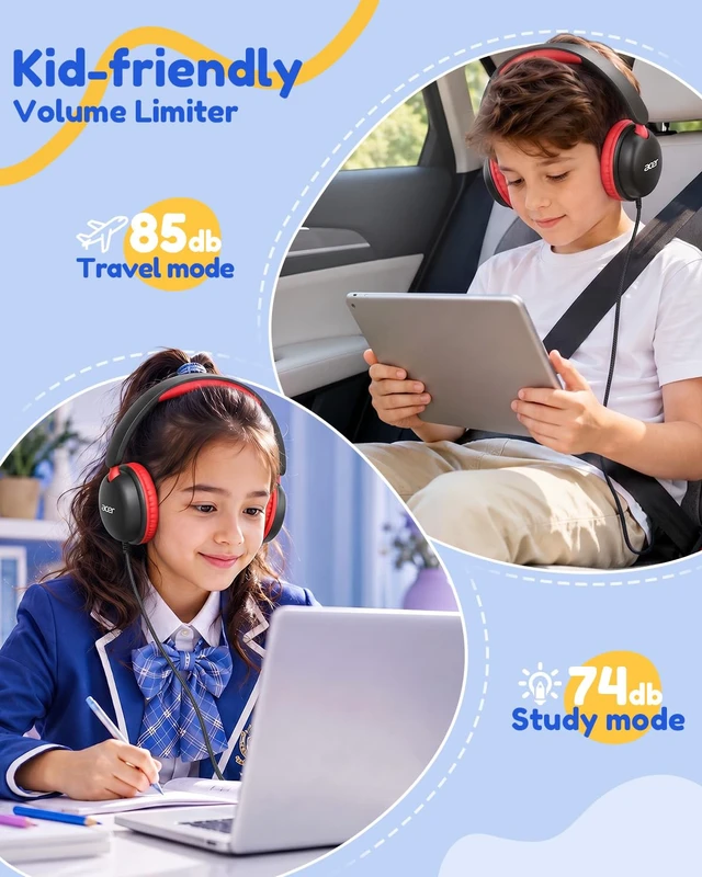 Alt view image 2 of 7 - OHW355 Kids Headphones with Cord for School,Over Ear Wired Headphones 74/85dB Volume Limit, Foldable 3.5mm Jack, Stereo Sound for Tablet/Computer/Travel/Chromebook-Black Red