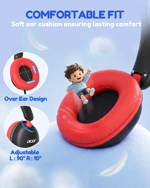 Alt view image 4 of 7 - OHW355 Kids Headphones with Cord for School,Over Ear Wired Headphones 74/85dB Volume Limit, Foldable 3.5mm Jack, Stereo Sound for Tablet/Computer/Travel/Chromebook-Black Red