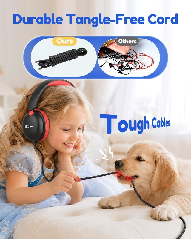 Alt view image 3 of 7 - OHW355 Kids Headphones with Cord for School,Over Ear Wired Headphones 74/85dB Volume Limit, Foldable 3.5mm Jack, Stereo Sound for Tablet/Computer/Travel/Chromebook-Black Red