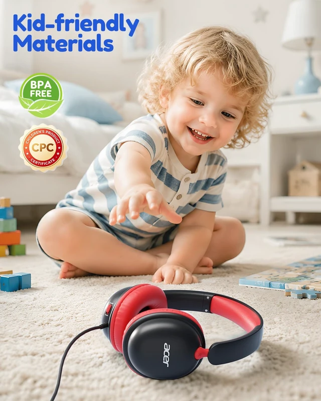 Alt view image 5 of 7 - OHW355 Kids Headphones with Cord for School,Over Ear Wired Headphones 74/85dB Volume Limit, Foldable 3.5mm Jack, Stereo Sound for Tablet/Computer/Travel/Chromebook-Black Red