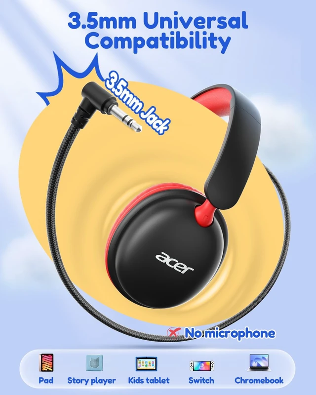 Alt view image 6 of 7 - OHW355 Kids Headphones with Cord for School,Over Ear Wired Headphones 74/85dB Volume Limit, Foldable 3.5mm Jack, Stereo Sound for Tablet/Computer/Travel/Chromebook-Black Red