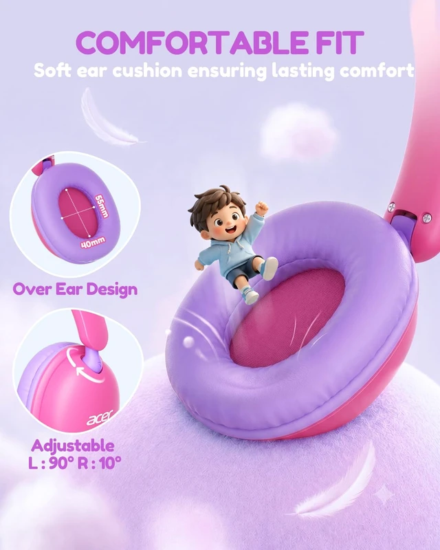 Alt view image 4 of 7 - OHW355 Kids Headphones with Cord for School,Over Ear Wired Headphones 74/85dB Volume Limit, Foldable 3.5mm Jack, Stereo Sound for Tablet/Computer/Travel/Chromebook-Pink Purple