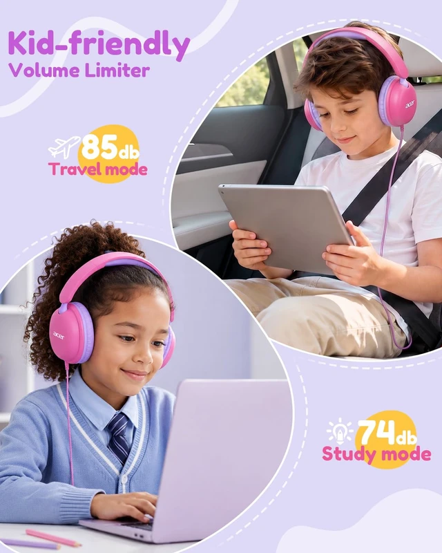 Alt view image 2 of 7 - OHW355 Kids Headphones with Cord for School,Over Ear Wired Headphones 74/85dB Volume Limit, Foldable 3.5mm Jack, Stereo Sound for Tablet/Computer/Travel/Chromebook-Pink Purple