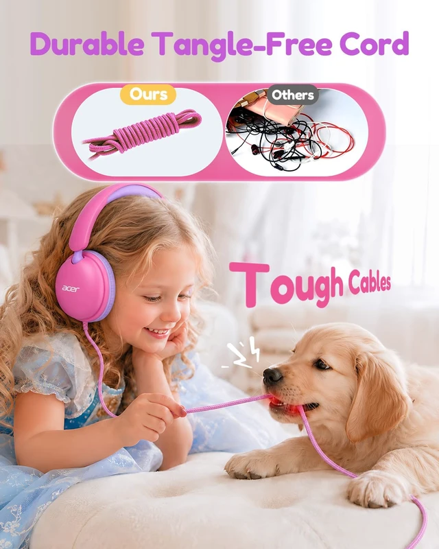 Alt view image 3 of 7 - OHW355 Kids Headphones with Cord for School,Over Ear Wired Headphones 74/85dB Volume Limit, Foldable 3.5mm Jack, Stereo Sound for Tablet/Computer/Travel/Chromebook-Pink Purple