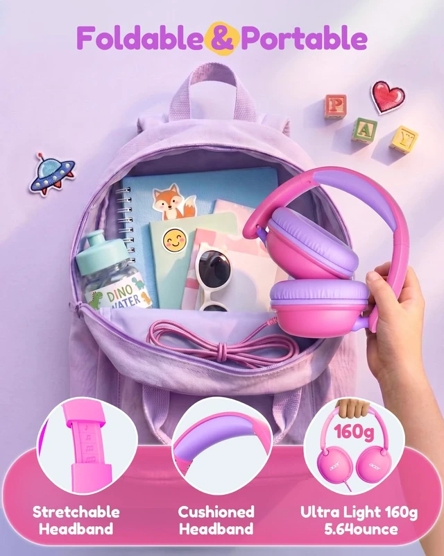 Alt view image 7 of 7 - OHW355 Kids Headphones with Cord for School,Over Ear Wired Headphones 74/85dB Volume Limit, Foldable 3.5mm Jack, Stereo Sound for Tablet/Computer/Travel/Chromebook-Pink Purple