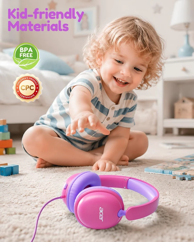 Alt view image 5 of 7 - OHW355 Kids Headphones with Cord for School,Over Ear Wired Headphones 74/85dB Volume Limit, Foldable 3.5mm Jack, Stereo Sound for Tablet/Computer/Travel/Chromebook-Pink Purple