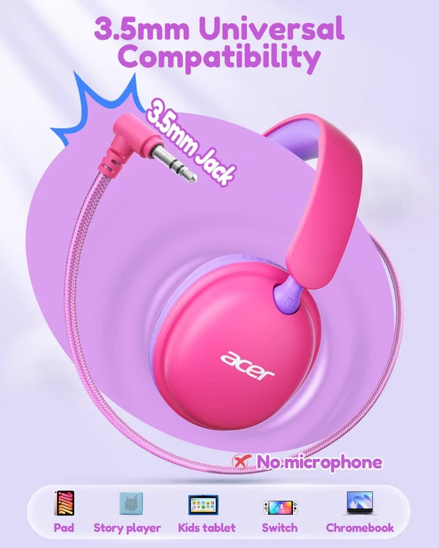 Alt view image 6 of 7 - OHW355 Kids Headphones with Cord for School,Over Ear Wired Headphones 74/85dB Volume Limit, Foldable 3.5mm Jack, Stereo Sound for Tablet/Computer/Travel/Chromebook-Pink Purple