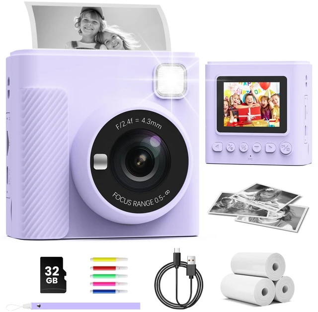 Main image of Kids Instant Print Camera, 1080P HD Video Digital Toy, Purple Includes 32GB Card, 3 Rolls Paper & 5 Coloured Pens, Inkless Print, Christmas Birthday Toy Gift for Kids 3-14