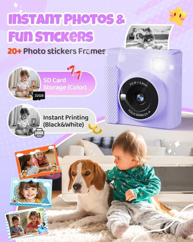 Alt view image 3 of 7 - Kids Instant Print Camera, 1080P HD Video Digital Toy, Purple Includes 32GB Card, 3 Rolls Paper & 5 Coloured Pens, Inkless Print, Christmas Birthday Toy Gift for Kids 3-14