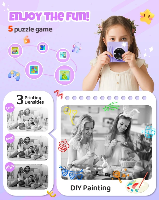 Alt view image 5 of 7 - Kids Instant Print Camera, 1080P HD Video Digital Toy, Purple Includes 32GB Card, 3 Rolls Paper & 5 Coloured Pens, Inkless Print, Christmas Birthday Toy Gift for Kids 3-14