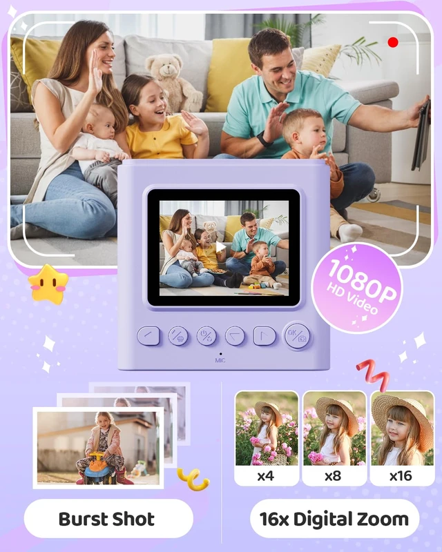 Alt view image 4 of 7 - Kids Instant Print Camera, 1080P HD Video Digital Toy, Purple Includes 32GB Card, 3 Rolls Paper & 5 Coloured Pens, Inkless Print, Christmas Birthday Toy Gift for Kids 3-14