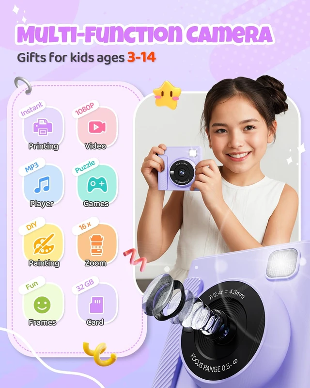 Alt view image 2 of 7 - Kids Instant Print Camera, 1080P HD Video Digital Toy, Purple Includes 32GB Card, 3 Rolls Paper & 5 Coloured Pens, Inkless Print, Christmas Birthday Toy Gift for Kids 3-14