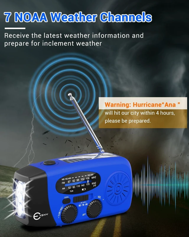 Alt view image 2 of 7 - Emergency Hand Crank Radio with 3 LED Flashlight, AM/FM/NOAA Portable Weather Radio with 2000mAh Rechargeable Battery, Solar Powered USB Charged Radio for Indoor Outdoor Camping, Blue