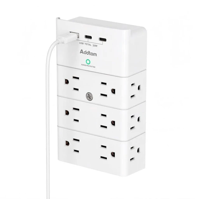Main image of Multi Plug Wall Outlet, Surge Protector Wall Mount with 12 Outlet Extender 4 Sides and 3 USB Ports (PD 20W), Outlet Splitter Power Strip for Home Office Dorm Room Essentials, White