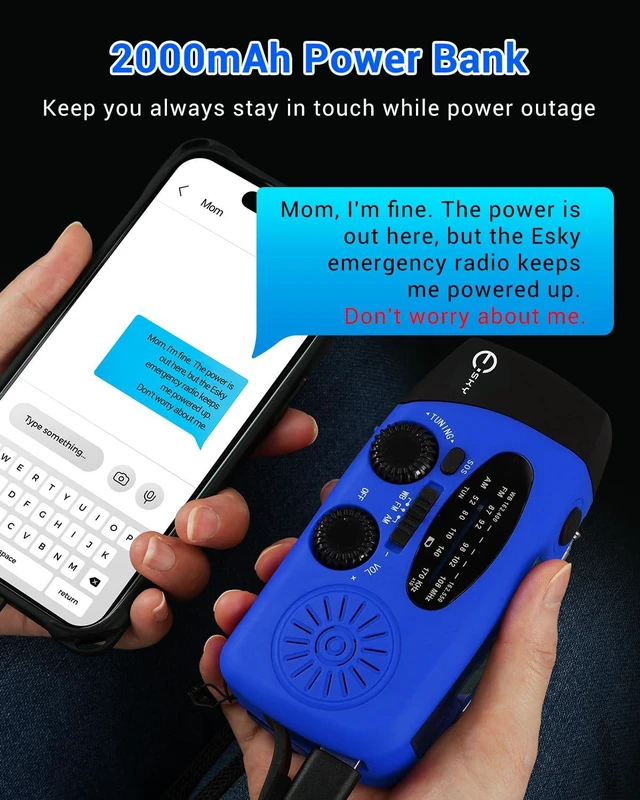Alt view image 3 of 7 - Emergency Hand Crank Radio with 3 LED Flashlight, AM/FM/NOAA Portable Weather Radio with 2000mAh Rechargeable Battery, Solar Powered USB Charged Radio for Indoor Outdoor Camping, Blue