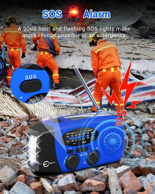 Alt view image 4 of 7 - Emergency Hand Crank Radio with 3 LED Flashlight, AM/FM/NOAA Portable Weather Radio with 2000mAh Rechargeable Battery, Solar Powered USB Charged Radio for Indoor Outdoor Camping, Blue