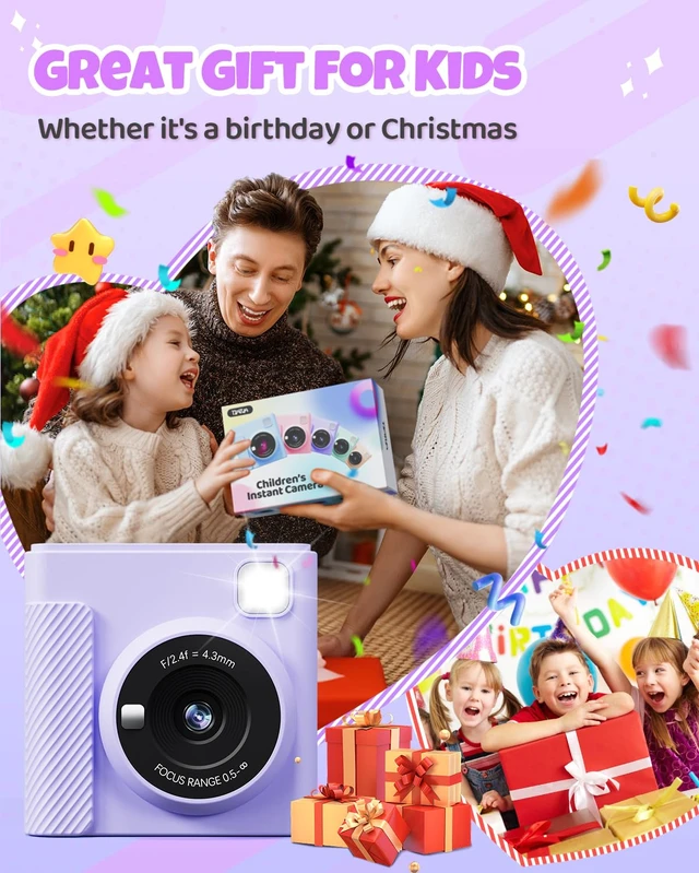 Alt view image 6 of 7 - Kids Instant Print Camera, 1080P HD Video Digital Toy, Purple Includes 32GB Card, 3 Rolls Paper & 5 Coloured Pens, Inkless Print, Christmas Birthday Toy Gift for Kids 3-14