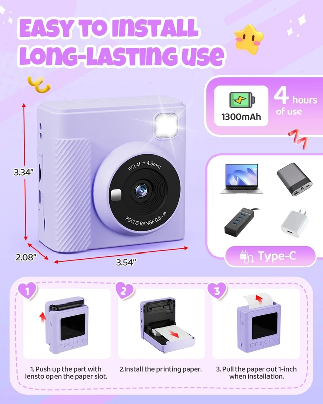 Alt view image 7 of 7 - Kids Instant Print Camera, 1080P HD Video Digital Toy, Purple Includes 32GB Card, 3 Rolls Paper & 5 Coloured Pens, Inkless Print, Christmas Birthday Toy Gift for Kids 3-14