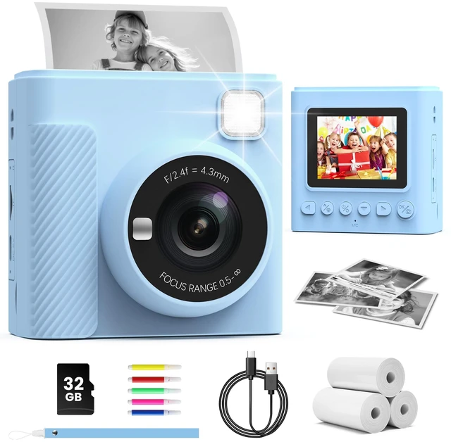 Main image of Kids Instant Print Camera, 1080P HD Video Digital Toy, Blue Includes 32GB Card, 3 Rolls Paper & 5 Coloured Pens, Inkless Print, 16x Zoom, Christmas Birthday Toy Gift for Kids 3-14