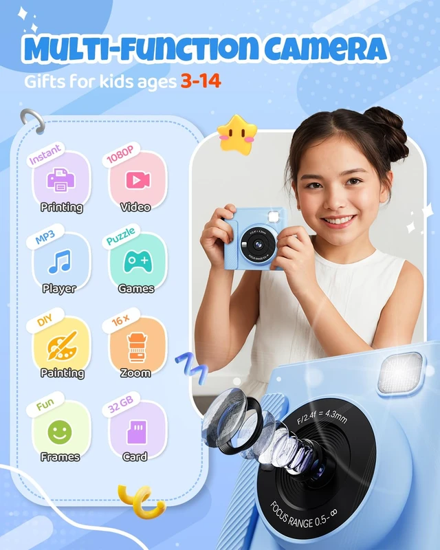 Alt view image 2 of 7 - Kids Instant Print Camera, 1080P HD Video Digital Toy, Blue Includes 32GB Card, 3 Rolls Paper & 5 Coloured Pens, Inkless Print, 16x Zoom, Christmas Birthday Toy Gift for Kids 3-14