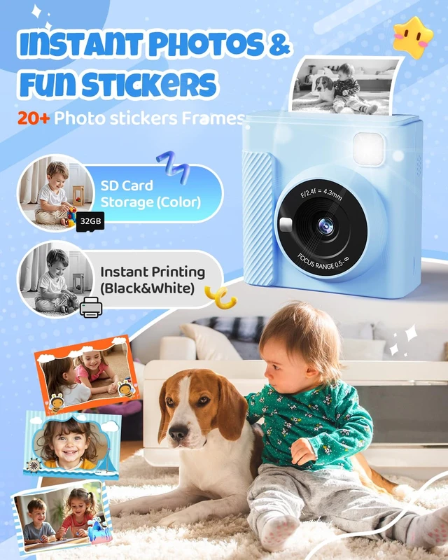 Alt view image 3 of 7 - Kids Instant Print Camera, 1080P HD Video Digital Toy, Blue Includes 32GB Card, 3 Rolls Paper & 5 Coloured Pens, Inkless Print, 16x Zoom, Christmas Birthday Toy Gift for Kids 3-14