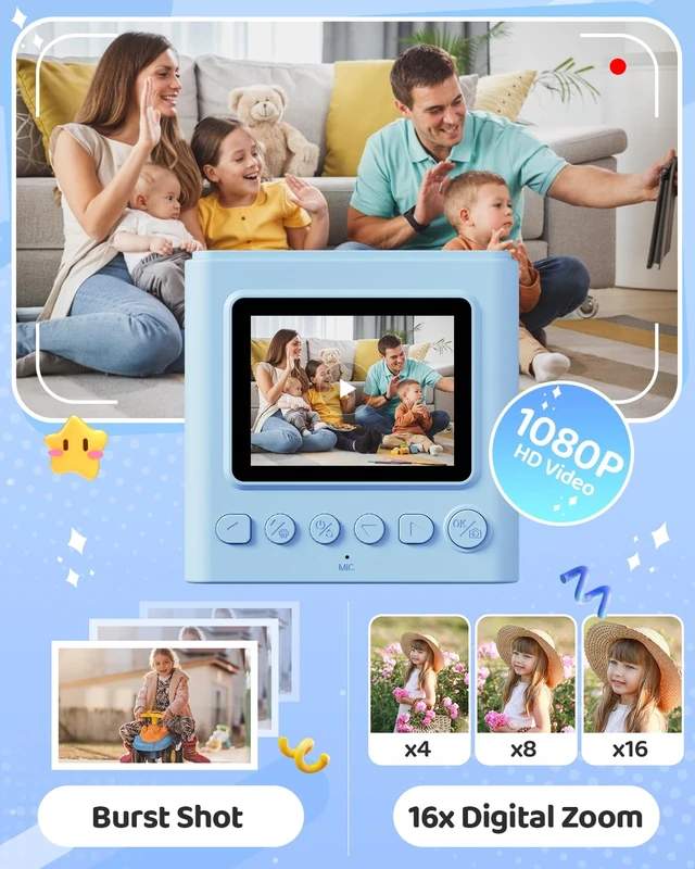 Alt view image 4 of 7 - Kids Instant Print Camera, 1080P HD Video Digital Toy, Blue Includes 32GB Card, 3 Rolls Paper & 5 Coloured Pens, Inkless Print, 16x Zoom, Christmas Birthday Toy Gift for Kids 3-14