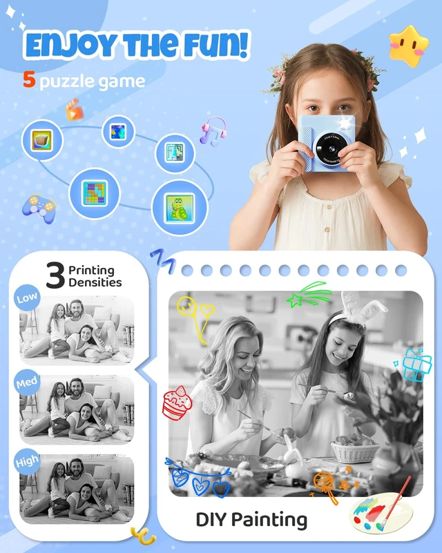Alt view image 5 of 7 - Kids Instant Print Camera, 1080P HD Video Digital Toy, Blue Includes 32GB Card, 3 Rolls Paper & 5 Coloured Pens, Inkless Print, 16x Zoom, Christmas Birthday Toy Gift for Kids 3-14