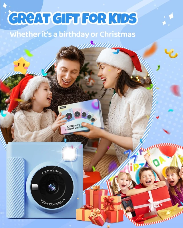 Alt view image 6 of 7 - Kids Instant Print Camera, 1080P HD Video Digital Toy, Blue Includes 32GB Card, 3 Rolls Paper & 5 Coloured Pens, Inkless Print, 16x Zoom, Christmas Birthday Toy Gift for Kids 3-14