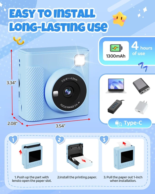 Alt view image 7 of 7 - Kids Instant Print Camera, 1080P HD Video Digital Toy, Blue Includes 32GB Card, 3 Rolls Paper & 5 Coloured Pens, Inkless Print, 16x Zoom, Christmas Birthday Toy Gift for Kids 3-14